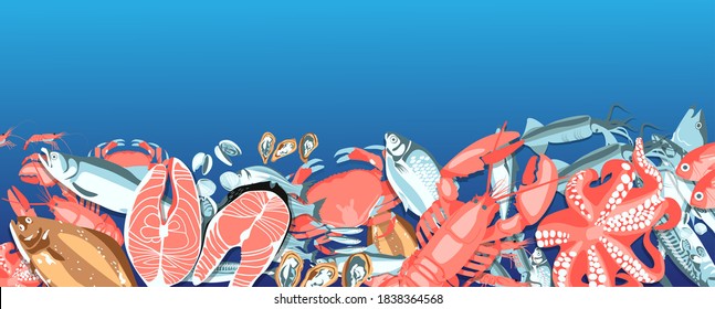 Seafood banner with copy space for text. Fresh delicious marine products, salmon, fish, mussels, octopus. Food menu, shop adverising banner template vector illustration