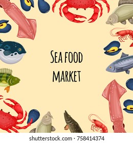 Seafood banner - crab, fish, mussel and shrimp with place for your text. Design for restaurant menu, market. Marine creatures in flat style - vector illustration