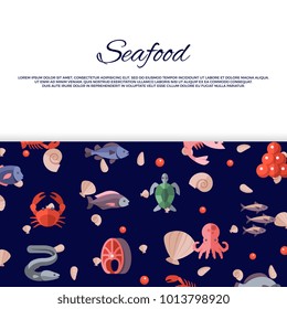 Seafood banner design with bright caviar, fishes, crabs, salmon. Vector illustration