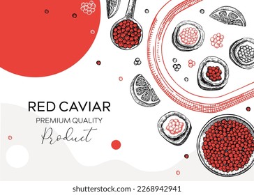 Seafood banner design with red caviar canape, canned caviar, lemons, and spices on the tray. Sketches in trendy collage style. Sea delicacy background template for restaurant or finger food menu