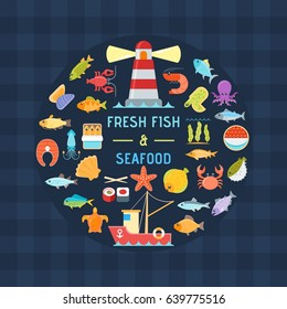 Seafood banner. Design template with fish and seafood icons. Vector illustration