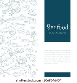 Seafood banner. Hand drawn illustration with shrimp, crab, mussel, lobster, squid, caviar for restaurant menu, recipes, label or design sea shops. Banner design with seafood sketch. Engraved style