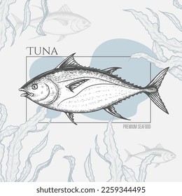 Seafood banner with hand drawn tuna fish and seaweed. Sketch style marine designs template. Best for restaurant menu, seafood market designs. Vector illustration.