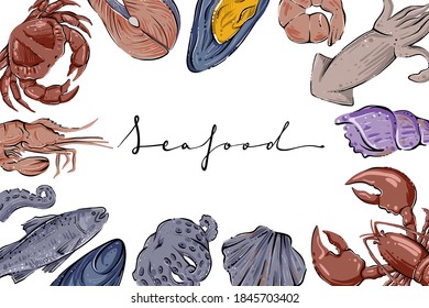Seafood banner, hand drawn vector, color