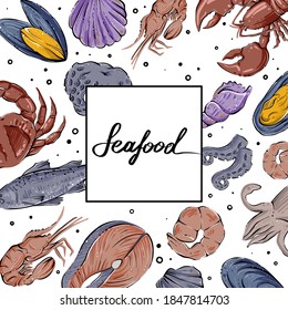 Seafood banner, hand drawn vector, color