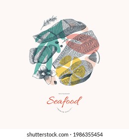 Seafood banner with salmon fish illustration, ink hand drawn art, good for seafood restaurant menu, vector card template