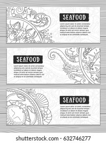 Seafood banner set. Collection of horizontal banners. Vector hand-drawn illustration. 