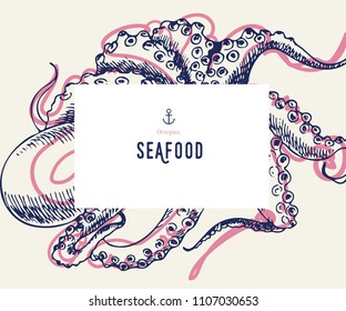 Seafood banner set. Hand drawn octopus. Vector restaurant menu. Marine food banner, flyer design. Engraved isolated art. Delicious cuisine objects. Use for promotion, market, store banner.