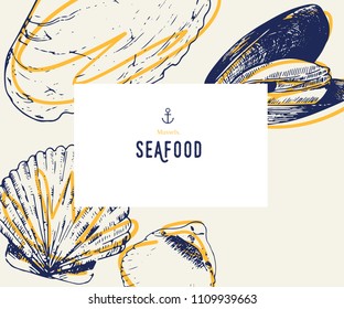 Seafood banner set. Hand drawn mussels , oyster. Vector restaurant menu. Marine food banner, flyer design. Engraved isolated art. Delicious cuisine objects. Use for promotion, market, store banner