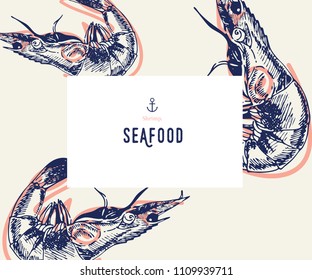 Seafood banner set. Hand drawn shrimp. Vector restaurant menu. Marine food banner, flyer design. Engraved isolated art. Delicious cuisine objects. Use for promotion, market, store banner