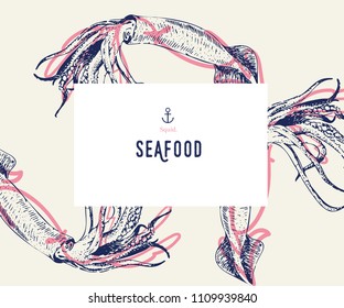 Seafood banner set. Hand drawn squid. Vector restaurant menu. Marine food banner, flyer design. Engraved isolated art. Delicious cuisine objects. Use for promotion, market, store banner