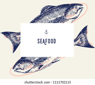 Seafood Banner Set. Hand Drawn Tuna Fish. Vector Restaurant Menu. Marine Food Banner, Flyer Design. Engraved Isolated Art. Delicious Cuisine Objects. Use For Promotion, Market, Store Banner