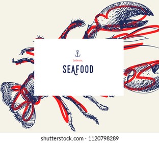 Seafood banner set. Hand drawn lobster. Vector restaurant menu. Marine food banner, flyer design. Engraved isolated art. Delicious cuisine objects. Use for promotion, market, store banner.