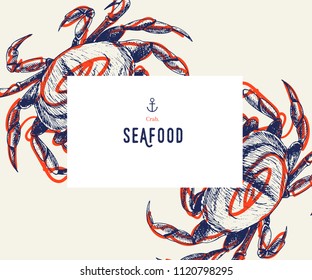 Seafood banner set. Hand drawn crab. Vector restaurant menu. Marine food banner, flyer design. Engraved isolated art. Delicious cuisine objects. Use for promotion, market, store banner.