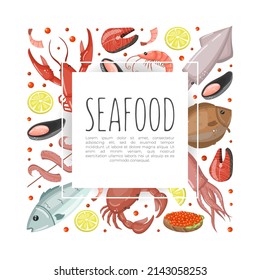 Seafood banner template. Fish market, restaurant, fishery products shop advertising, promotion poster, cover, food packaging vector illustration