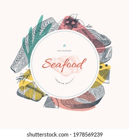 Seafood banner template with ink drawing of salmon fish and sea food, vector card template with logo, restaurant menu cover design with copy space, realistic illustration