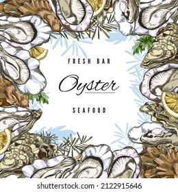 Seafood banner template with oyster shells and seaweeds for restaurant menu cover or seafood packaging design, hand drawn engraving vector illustration.