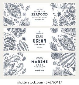 Seafood banner template set. Fish restaurant horizontal design collection. Engraved style illustration. Vector illustration