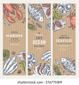 Seafood banner template set. Fish restaurant vertical design collection. Engraved style illustration. Vector illustration