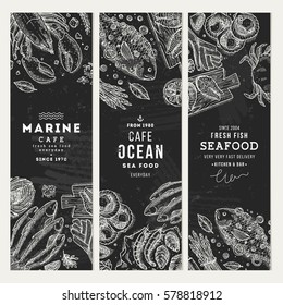 Seafood banner template set. Fish restaurant vertical design collection. Engraved style illustration. Vector illustration