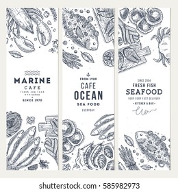 Seafood banner template set. Fish restaurant vertical design collection. Engraved style illustration. Vector illustration