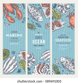 Seafood banner template set. Fish restaurant vertical design collection. Engraved style illustration. Vector illustration