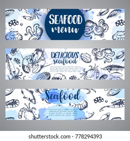 Seafood banner template set. Hand drawn vector illustrations. Ocean fish in engraved style. Sketch of crab, lobster, shrimp, oyster, mussel, caviar and squid