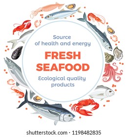 Seafood banner. Vector illustration in cartoon flat style. Various fish and marine animals. Round frame, label, sticker.