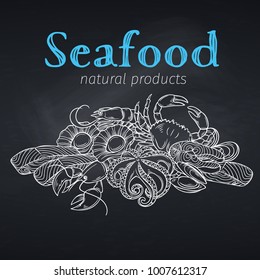 Seafood banner. Vector template hand drawn design for product market. Illustration in chalkboard sketch style.