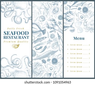 Seafood banner vector template set. Can be use for restaurants menu, cover, packaging. Vintage hand drawn banner template. Retro background.