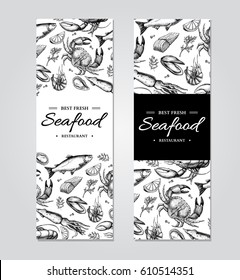 Seafood banner vector template set. Hand drawn illustration. Crab, lobster, shrimp, oyster, mussel, caviar and squid. Engraved style Fish and sea food restaurant menu, card, business promote.