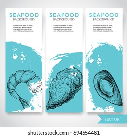 Seafood banner with watercolor blue background and hand drawn food. Sketch prepared shrimp, oyster and mussel shell. Restaurant and fish market template. Vector illustration.