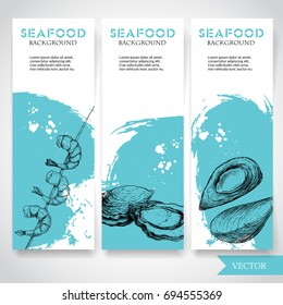 Seafood banner with watercolor blue background and hand drawn food. Sketch prepared shrimp on bamboo stick, oysters and mussel shells. Restaurant and fish market template. Vector illustration.