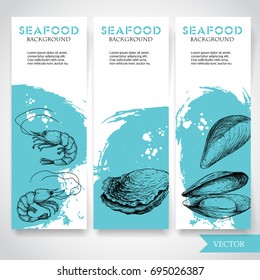 Seafood banner with watercolor blue background and hand drawn food. Sketch fresh shrimp, oysters and mussel shell. Restaurant and fish market template. Vector illustration.