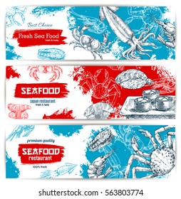 Seafood banners with fish food sushi rolls and sashimi, lobster and crab, salmon steak, shrimp and squid with red caviar. Vector design for seafood restaurant, japanese sushi bar