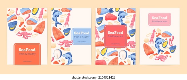 Pancartas de marisco. Carteles y folletos de restaurantes y mercados de pescado con caricaturas de pescado y filete. Conjunto de cobertura de los vectores