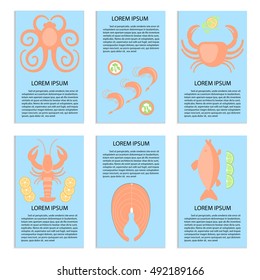 Seafood banners set in flat design. Fish, lobster, octopus, shrimp and crab. Isolated vector illustration.