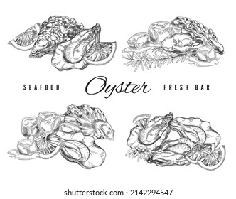 Seafood bar design compositions set with oyster shells served with other food ingredients, hand drawn sketch vector illustration isolated on white background.