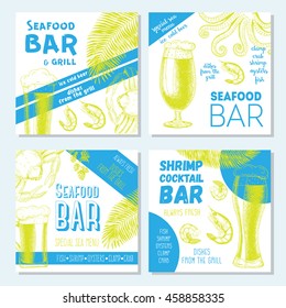 Seafood bar design template. Seafood banner collection for pub. Hand drawn banner set, vector illustration. 