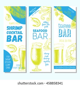 Seafood bar design template. Seafood banner collection for pub. Hand drawn banner set, vector illustration. 