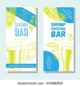 Seafood bar design template. Seafood banner collection for pub. Hand drawn banner set, vector illustration.
