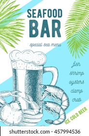 Seafood bar design template for bar, pub. Hand drawn vector illustration.