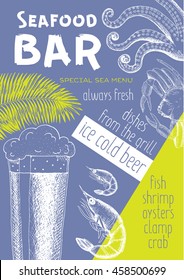 Seafood bar design template for bar, pub. Hand drawn vector illustration.