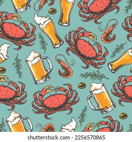 Patrón de barra de mariscos de colores sin fisuras con cangrejos y camarones destinados a refrigerios de cerveza y bebidas alcohólicas ilustración vectorial