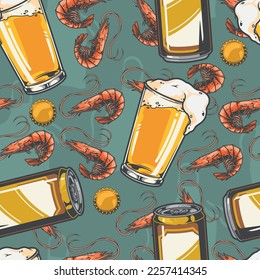 Seafood bar pattern seamless colorful with mugs of foamy beer and shrimp for restaurant menu or BBQ cafe vector illustration