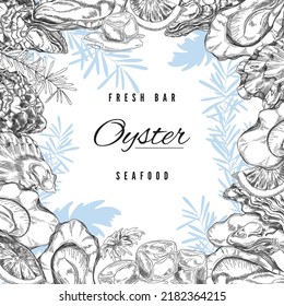 Seafood bar restaurant banner or menu card mockup with fresh oysters hand drawn vector illustration. Oyster bar decorative poster or menu cover design.