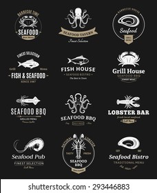 Seafood barbecue design elements, labels and icons.