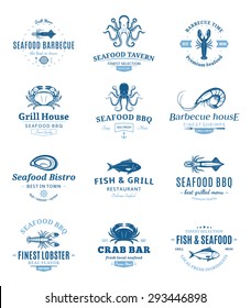 Seafood barbecue design elements, labels, badges and icons.