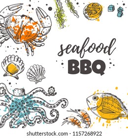 Seafood bbq concept design. Daily fresh. Hand drawn vector illustration. Can be used for menu, marine cafe, shop, barbeque, fish house, restaurant, bar, poster, label, sticker, logo.