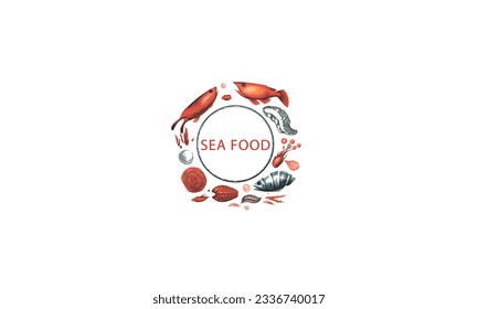 Seafood best quality logo. Shrimp and crab, oysters, fish steak and salmon caviar, octopus and mussels white background